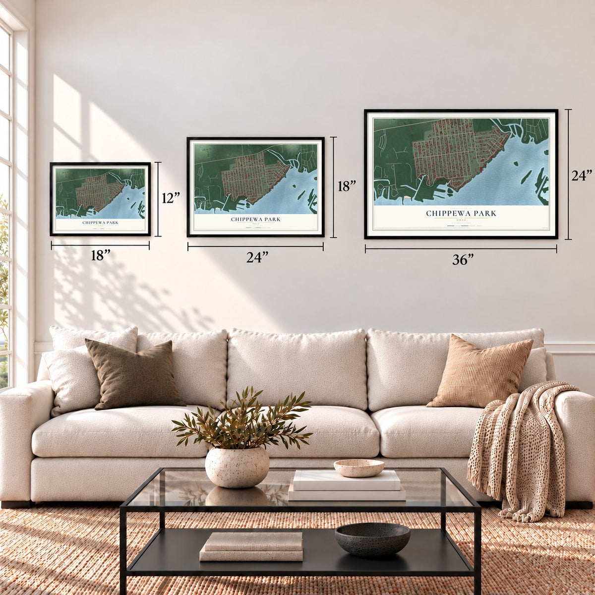 Chippewa Park, Ohio map in 12 x 18, 18 x 24 and 24 x 36 inch sizes above a sofa
