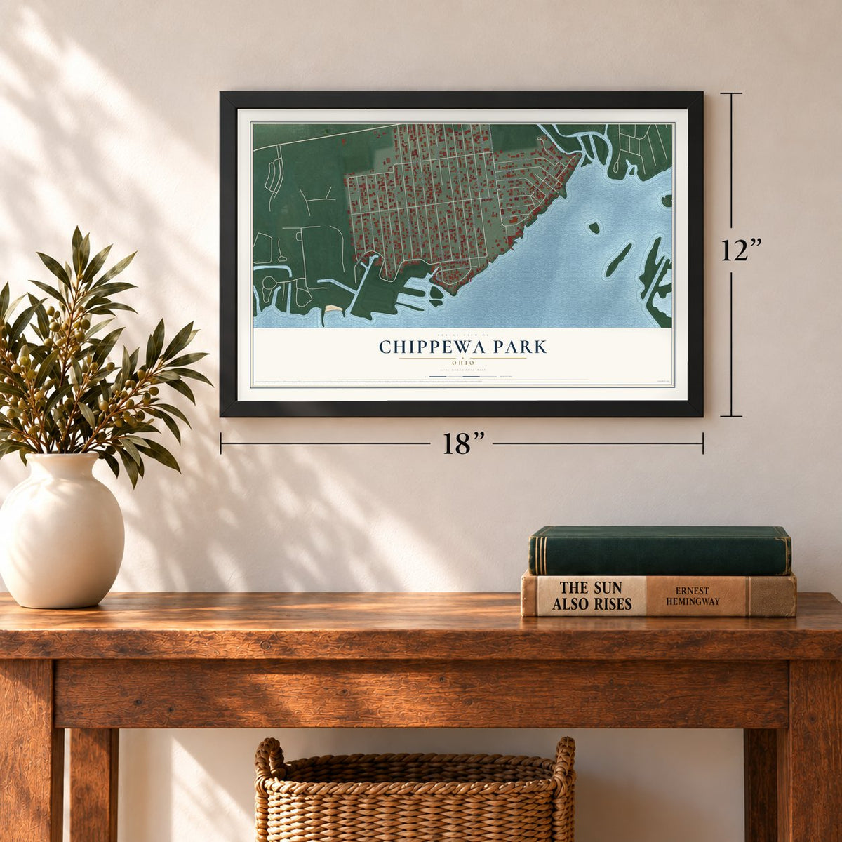 Chippewa Park, Ohio map, 12 x 18 inch print in a black frame in an entryway
