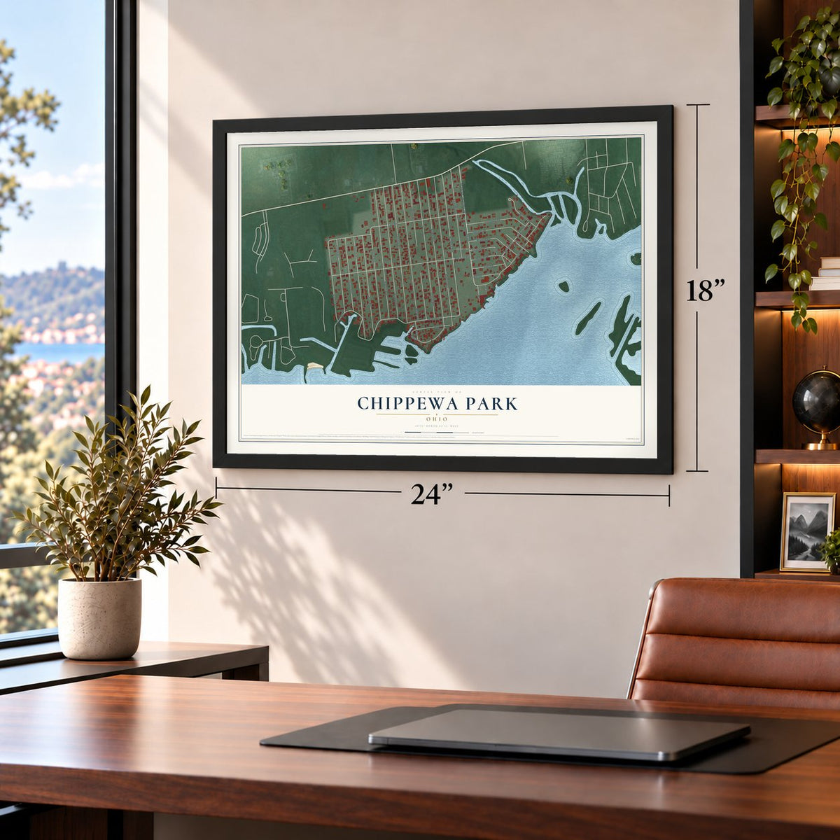 Chippewa Park, Ohio map, 18 x 24 inch print in a black frame in a home office