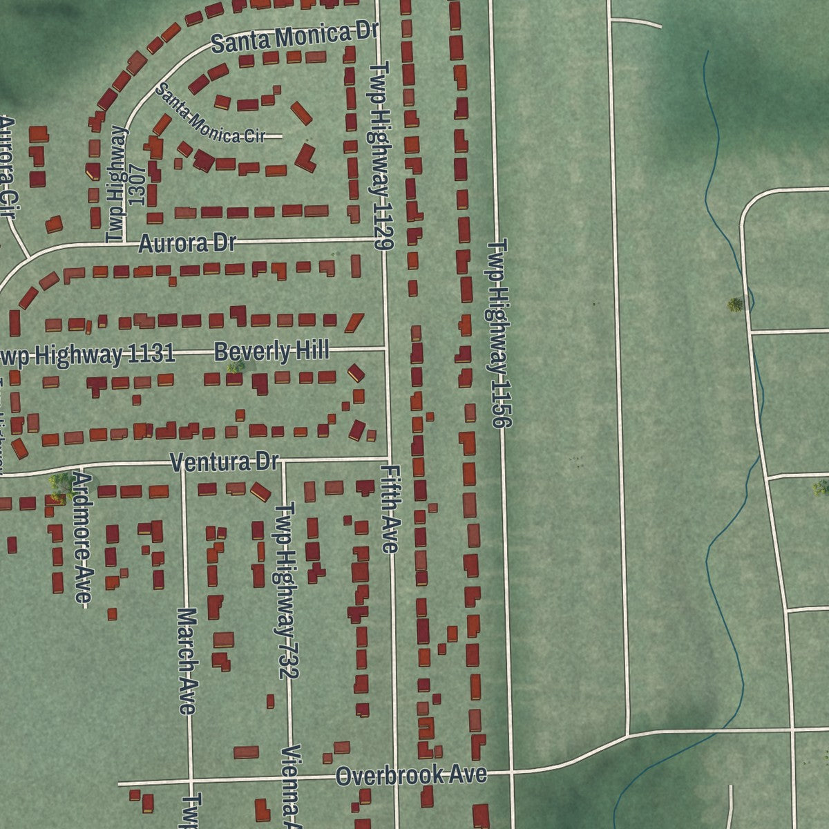 Close-up of the map of Churchill, Ohio print showing street and building detail