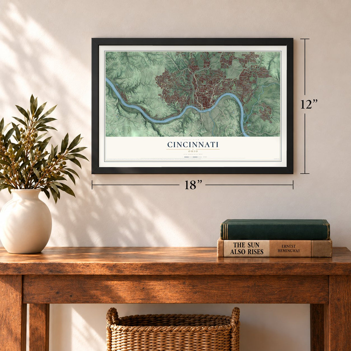 Cincinnati, Ohio Print map, 12 x 18 inch print in a black frame in an entryway