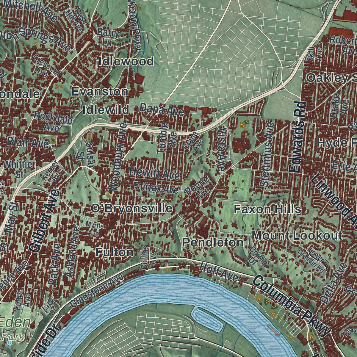 Close-up of the map of Cincinnati, Ohio print showing street and building detail