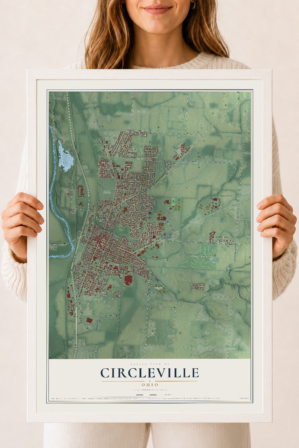 Map of Circleville, Ohio, 18 x 24 inch print in a white wood frame