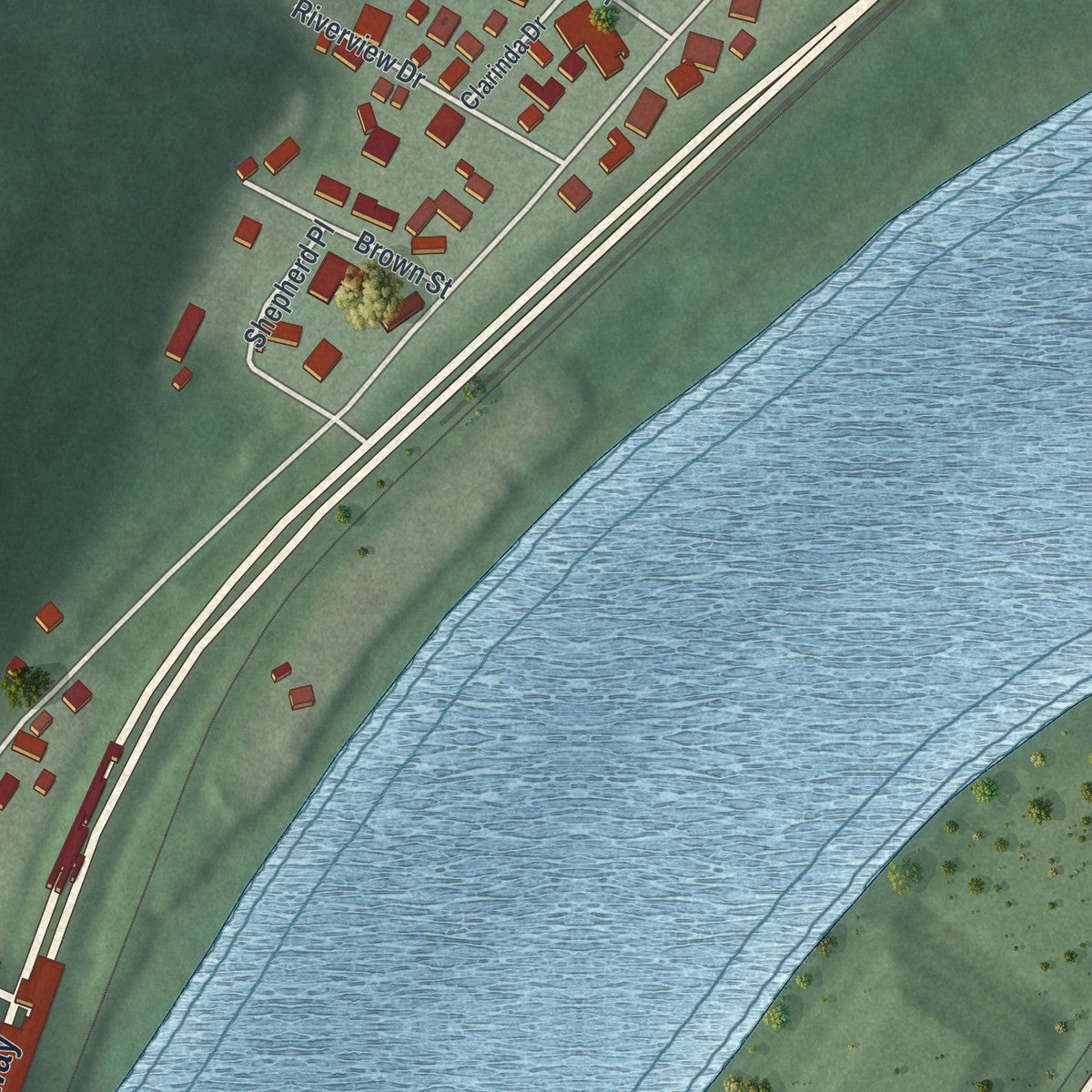 Second close-up of the map of Clarington, Ohio print showing more streets and buildings