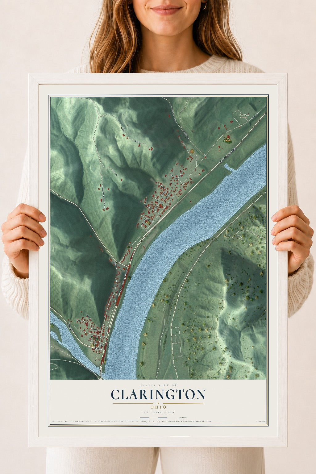 Map of Clarington, Ohio, 18 x 24 inch print in a white wood frame