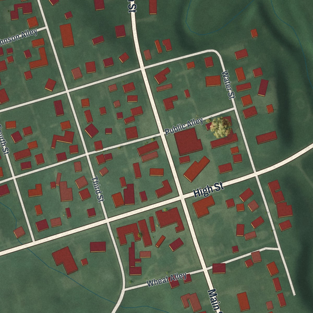 Close-up of the map of Clarksburg, Ohio print showing street and building detail