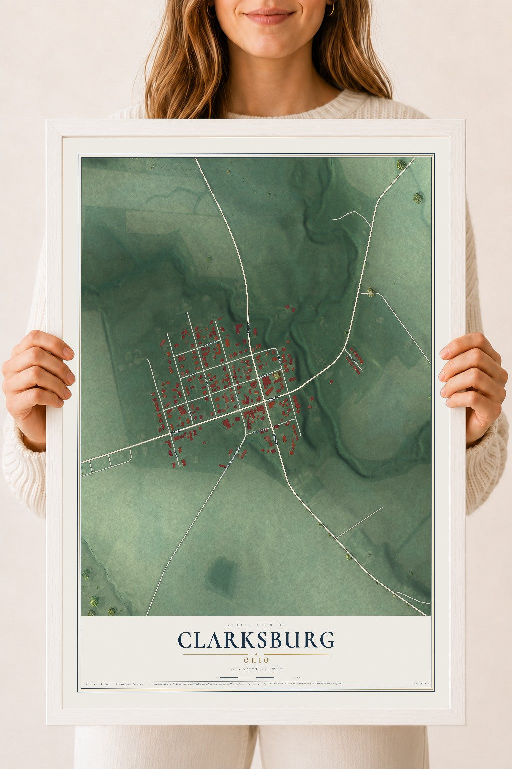 Map of Clarksburg, Ohio, 18 x 24 inch print in a white wood frame