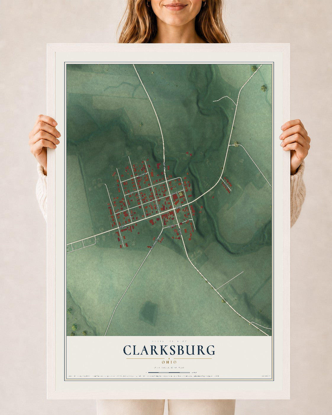 Map of Clarksburg, Ohio, 24 x 36 inch print in a white wood frame