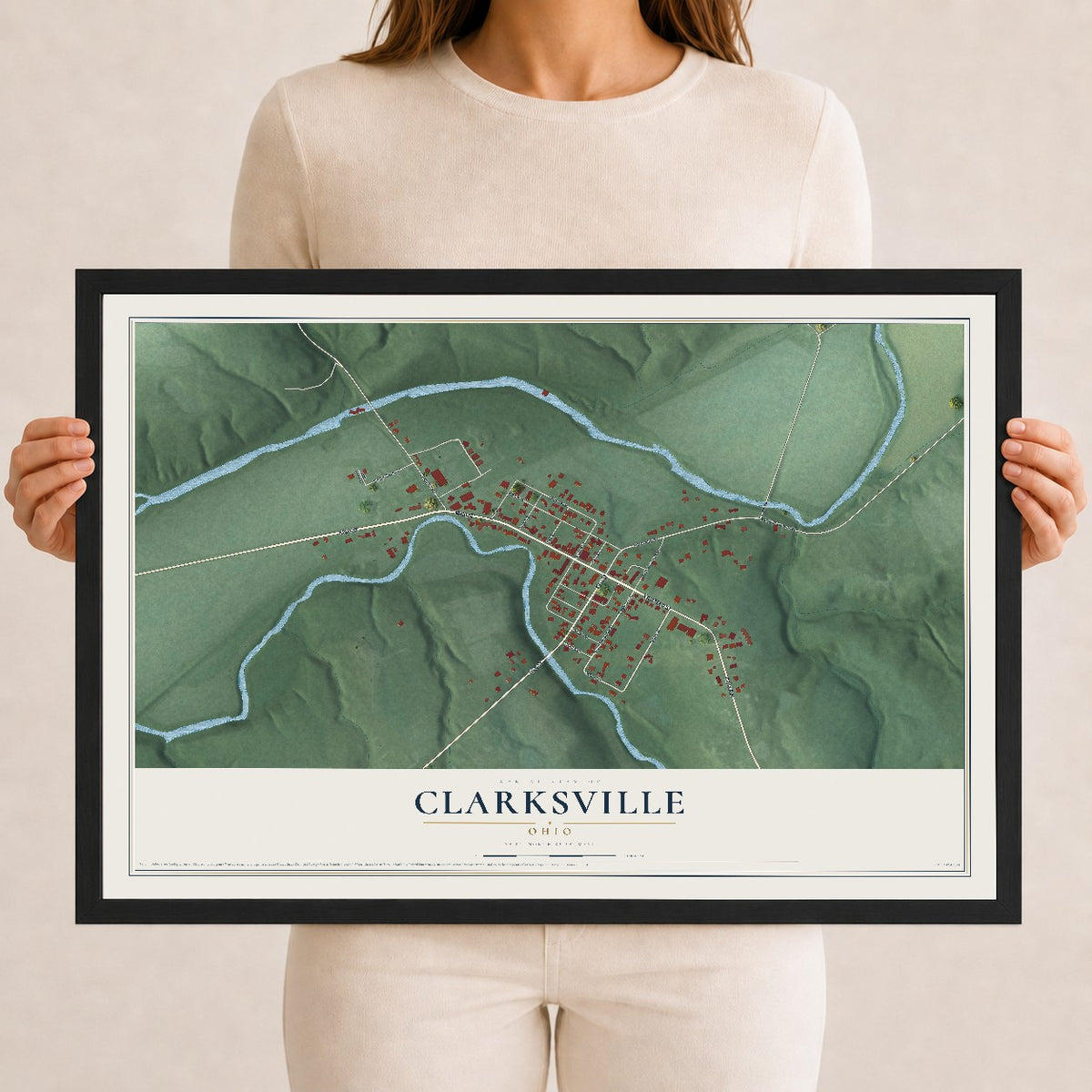 Map of Clarksville, Ohio, 12 x 18 inch print in a black wood frame