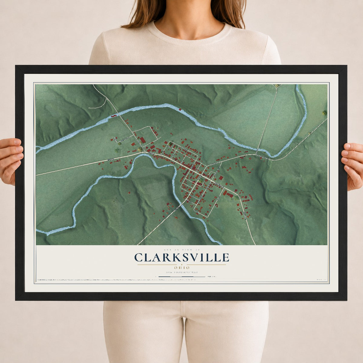 Map of Clarksville, Ohio, 18 x 24 inch print in a black wood frame