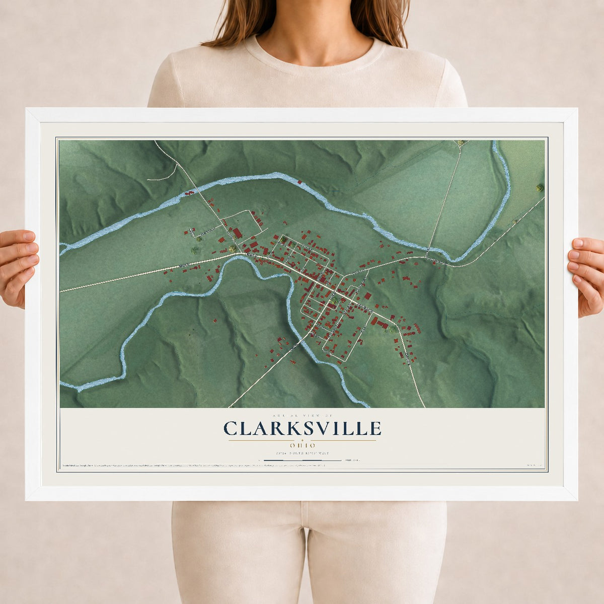 Map of Clarksville, Ohio, 18 x 24 inch print in a white wood frame