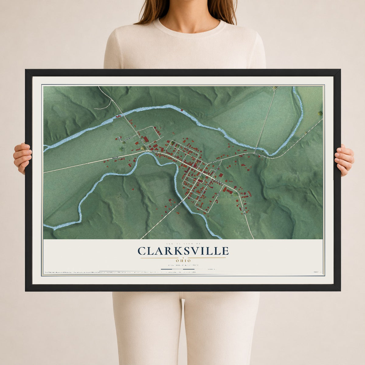 Map of Clarksville, Ohio, 24 x 36 inch print in a black wood frame