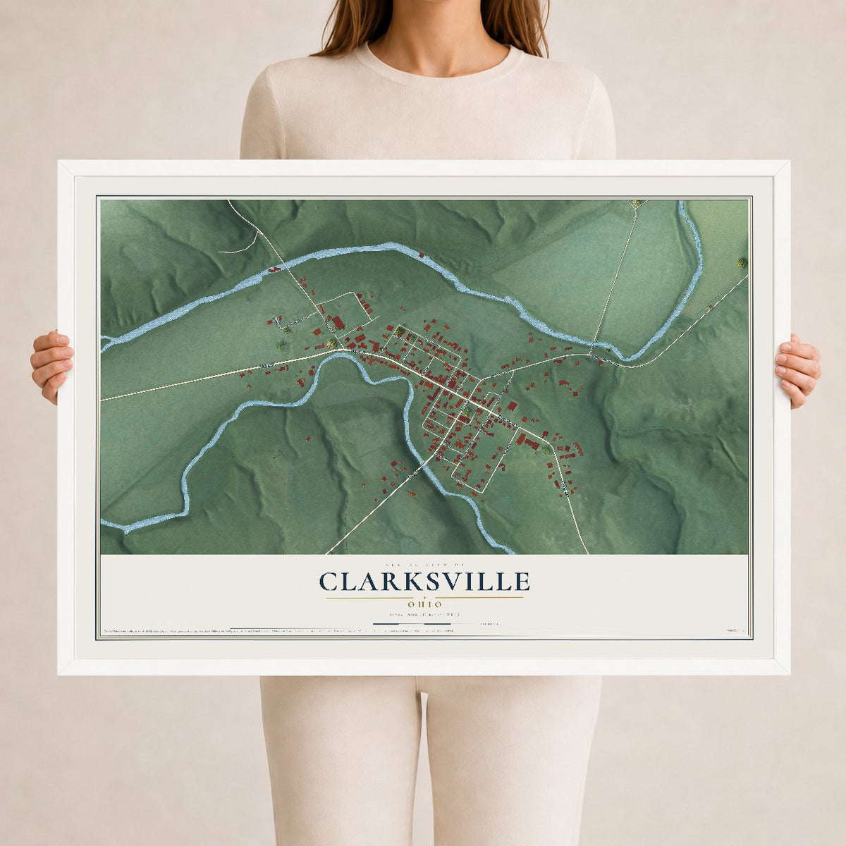 Map of Clarksville, Ohio, 24 x 36 inch print in a white wood frame