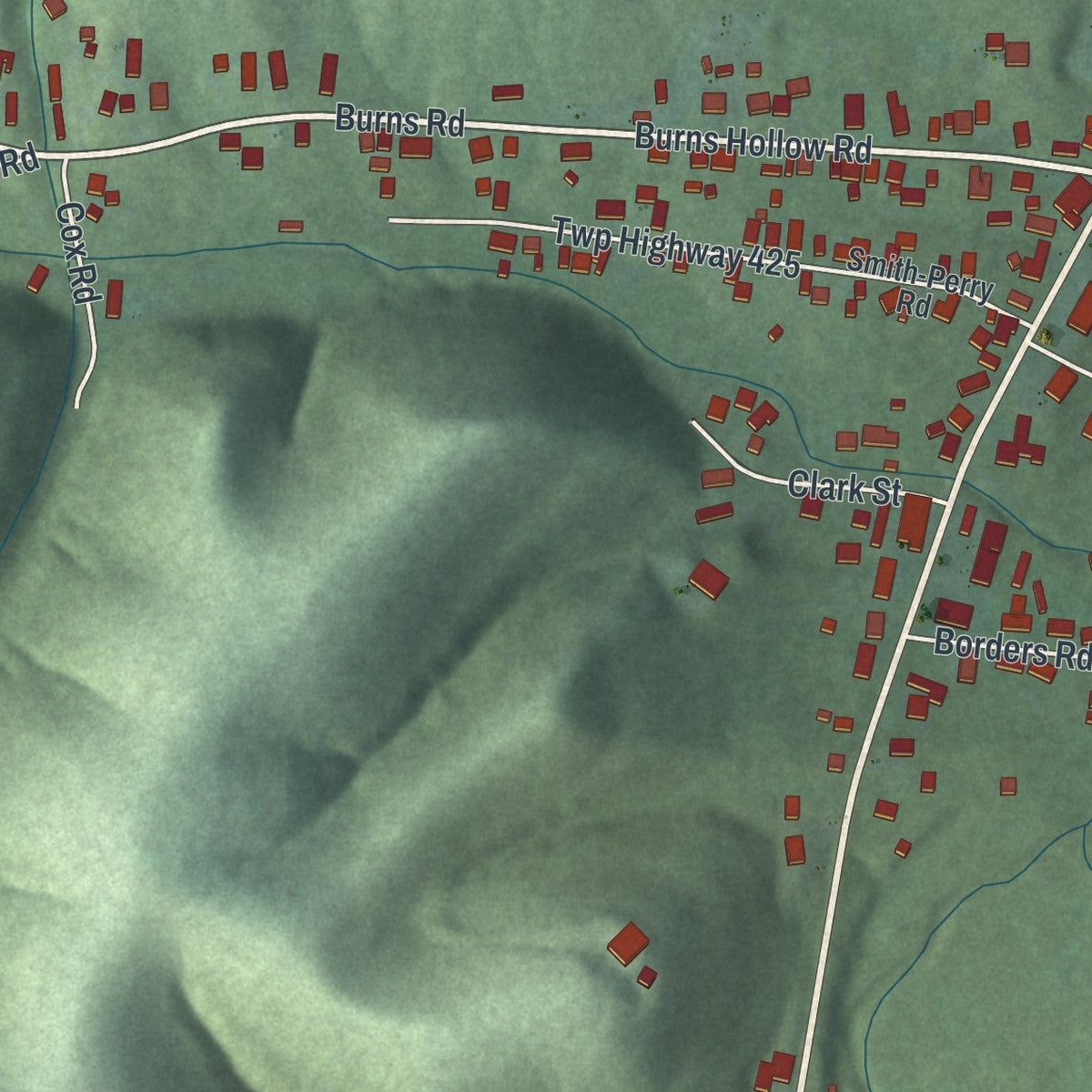 Close-up of the map of Clarktown, Ohio print showing street and building detail