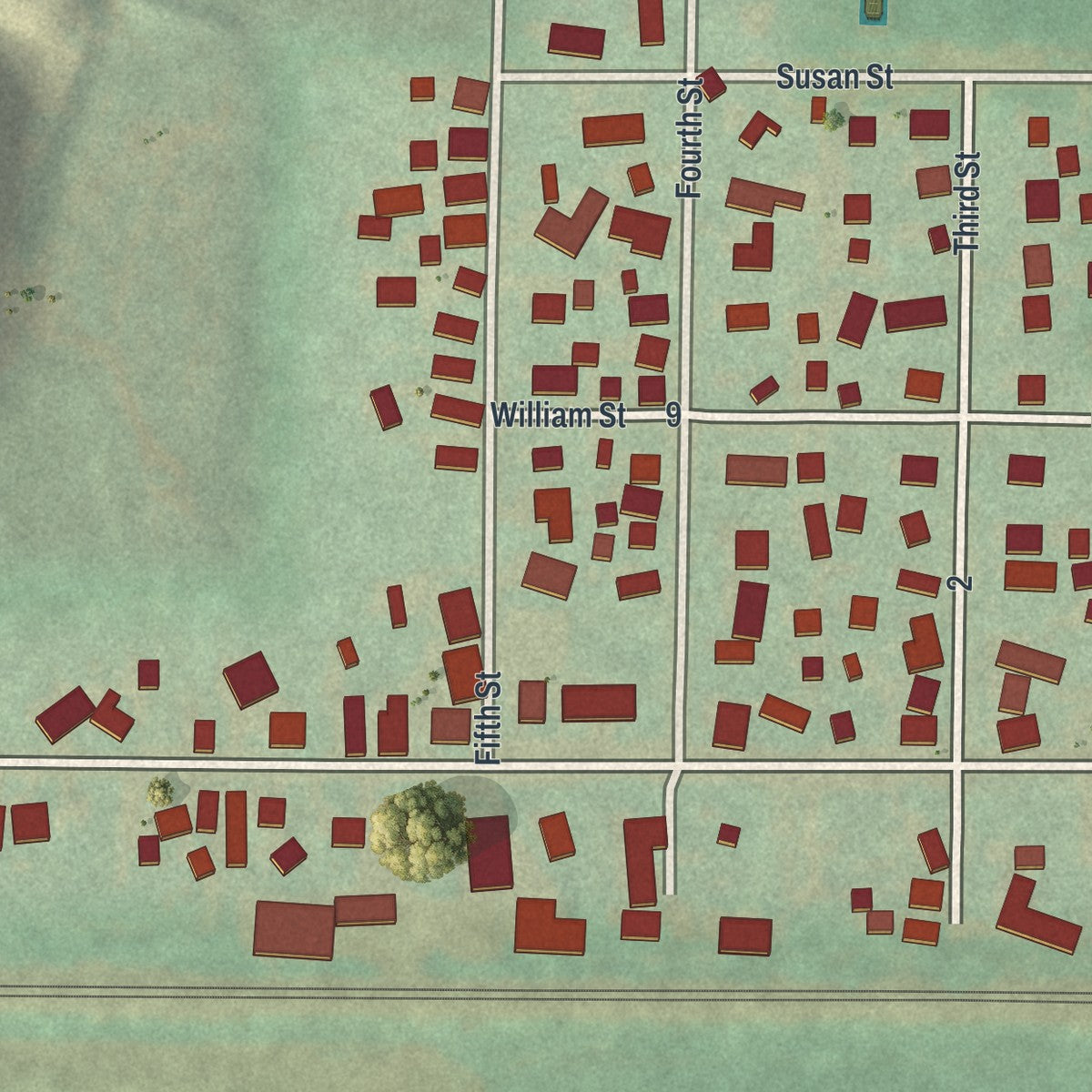 Close-up of the map of Clay Center, Ohio print showing street and building detail