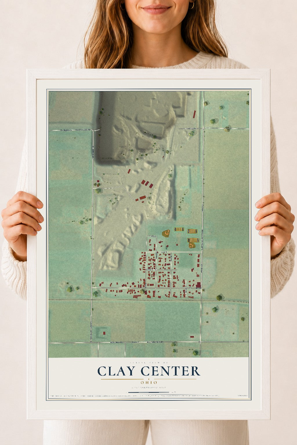 Map of Clay Center, Ohio, 18 x 24 inch print in a white wood frame