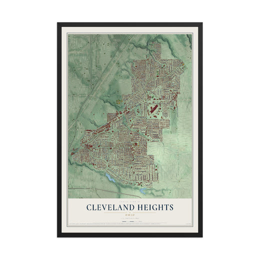Map of Cleveland Heights, Ohio, 12 x 18 inch print in a black wood frame