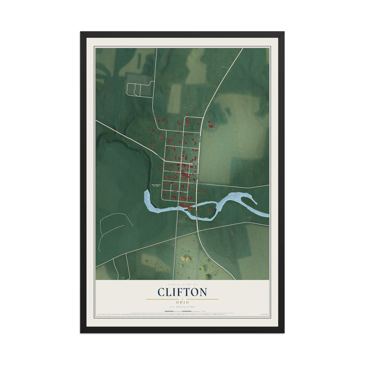 Map of Clifton, Ohio, 12 x 18 inch print in a black wood frame