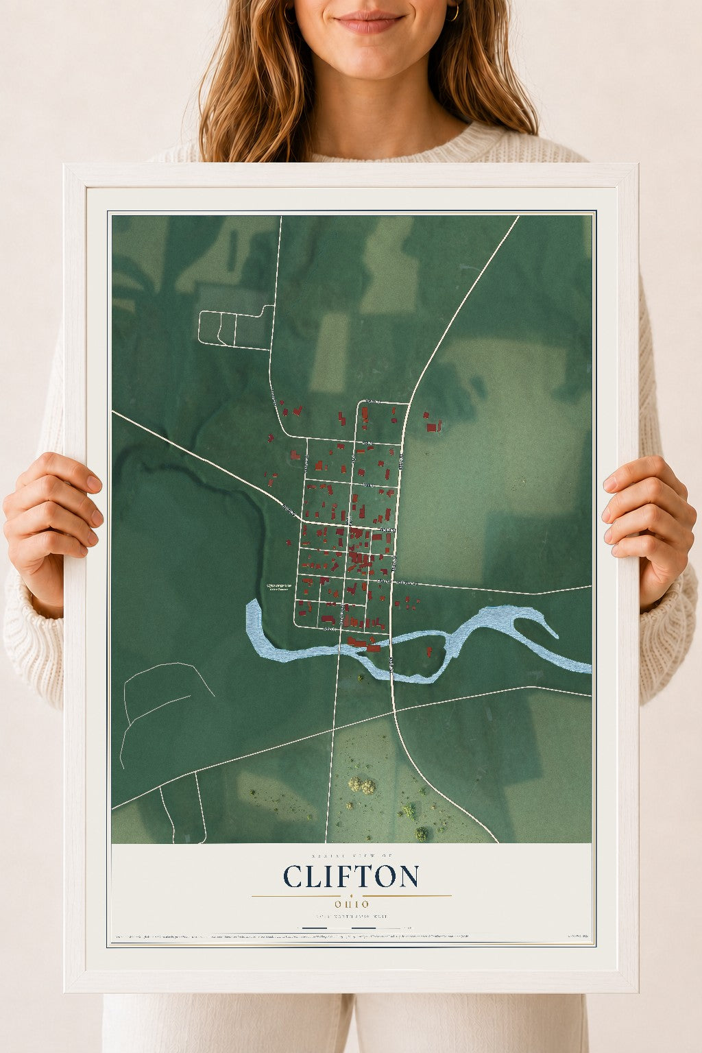 Map of Clifton, Ohio, 18 x 24 inch print in a white wood frame