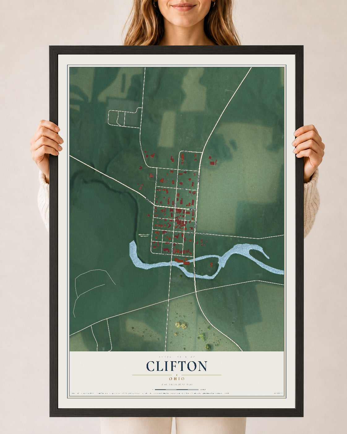 Map of Clifton, Ohio, 24 x 36 inch print in a black wood frame