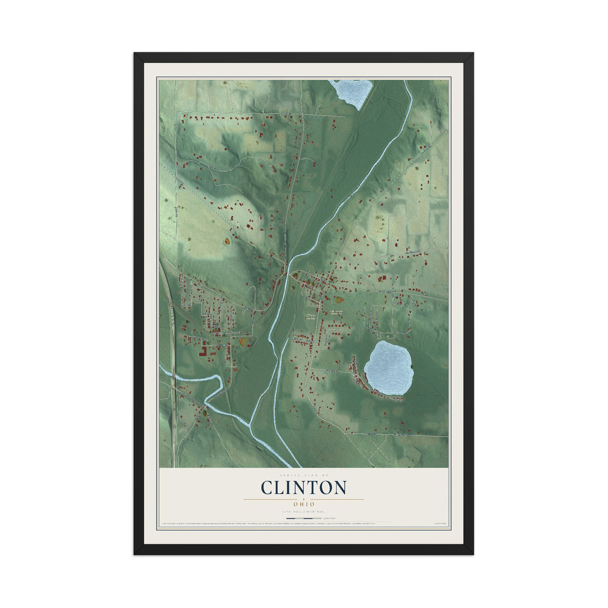 Map of Clinton, Ohio, 12 x 18 inch print in a black wood frame