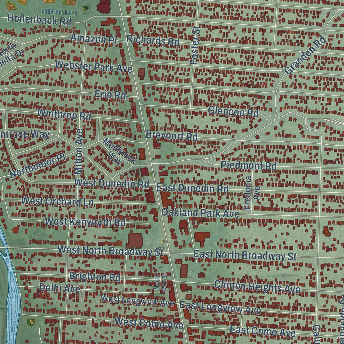 Close-up of the map of Clintonville, Ohio print showing street and building detail