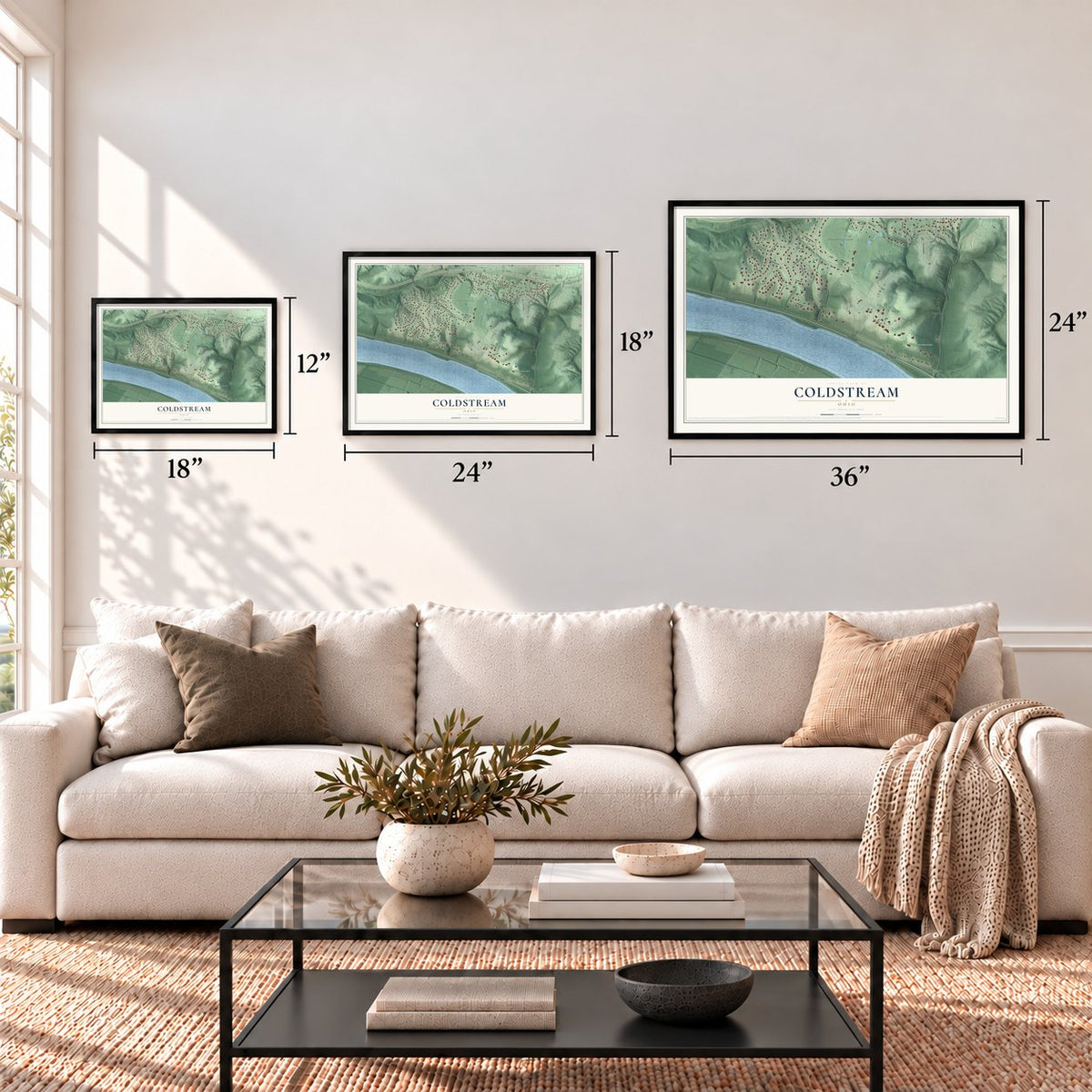Coldstream, Ohio map in 12 x 18, 18 x 24 and 24 x 36 inch sizes above a sofa