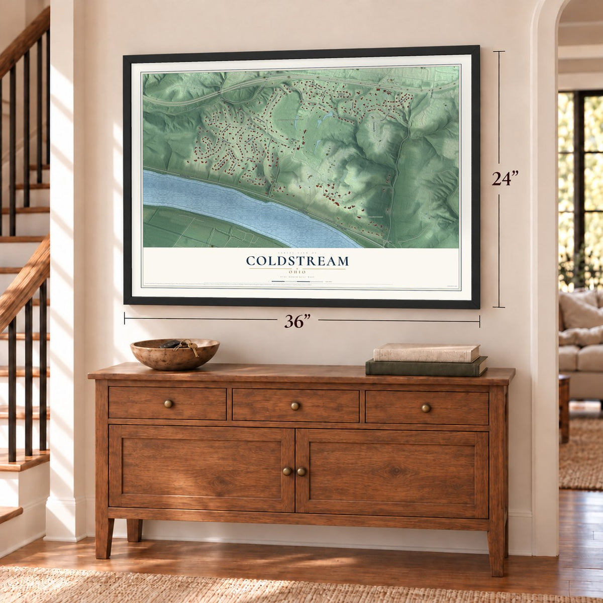 Coldstream, Ohio map, 24 x 36 inch print in a black frame above a dresser by a staircase