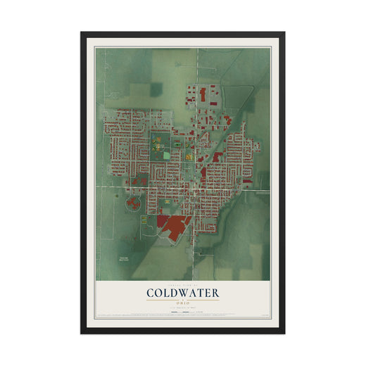 Map of Coldwater, Ohio, 12 x 18 inch print in a black wood frame