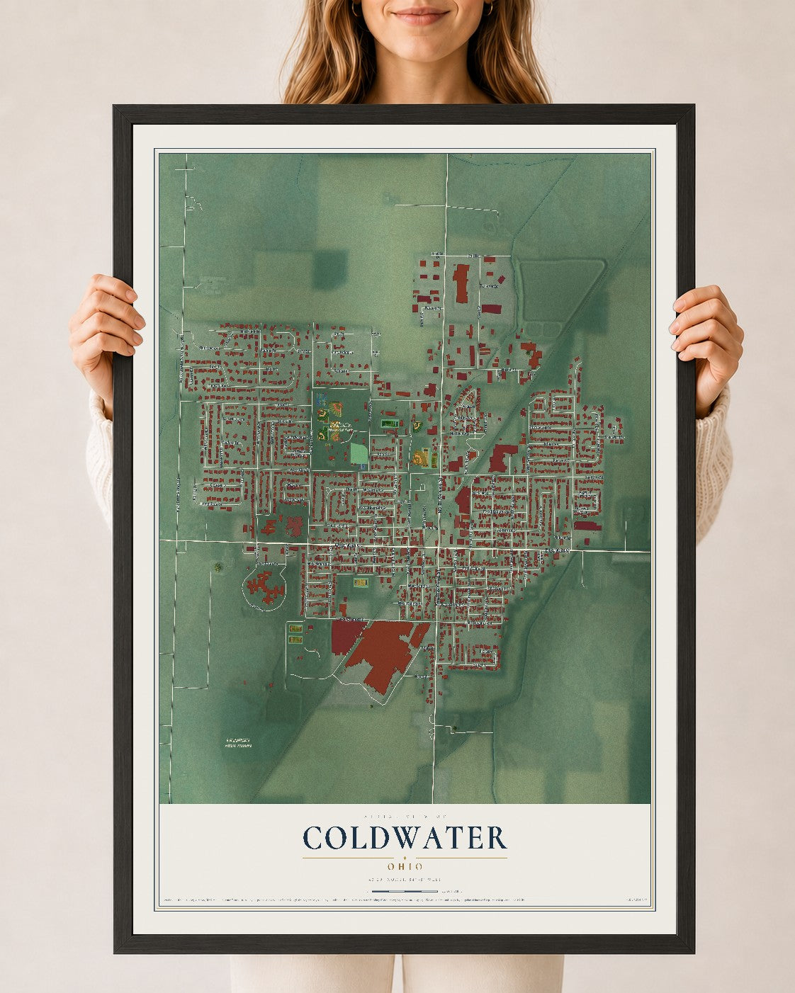 Map of Coldwater, Ohio, 24 x 36 inch print in a black wood frame