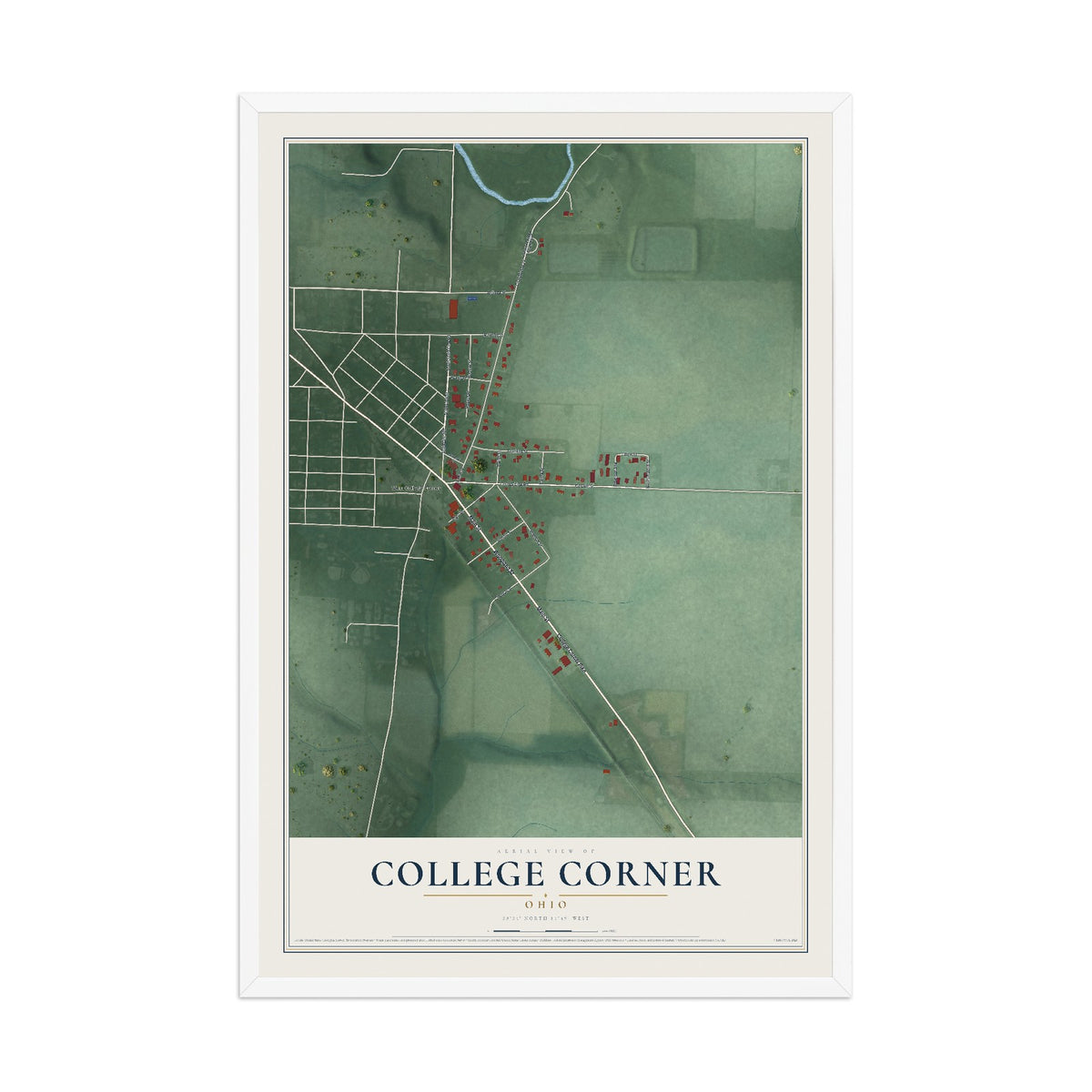 Map of College Corner, Ohio, 12 x 18 inch print in a white wood frame