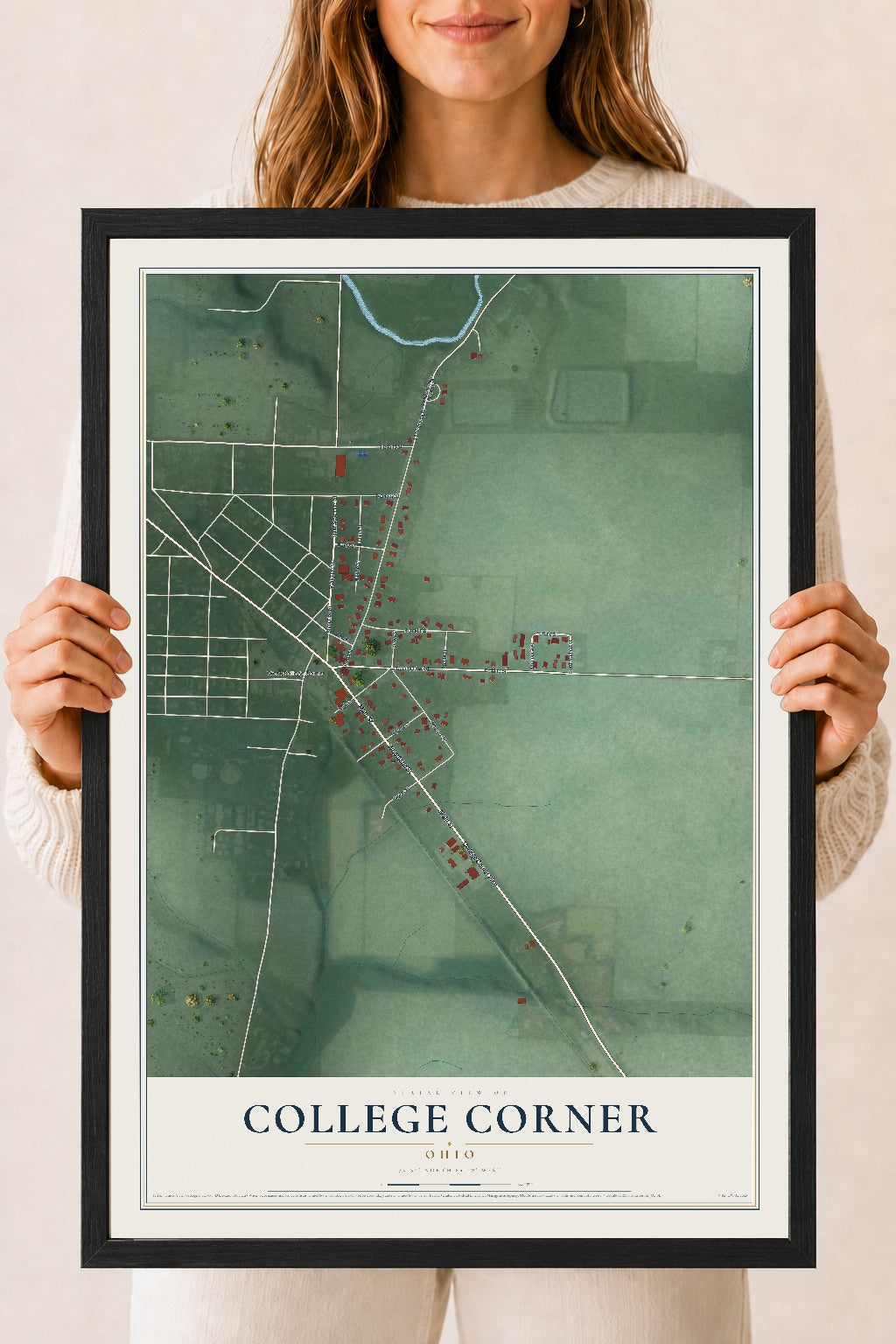Map of College Corner, Ohio, 18 x 24 inch print in a black wood frame