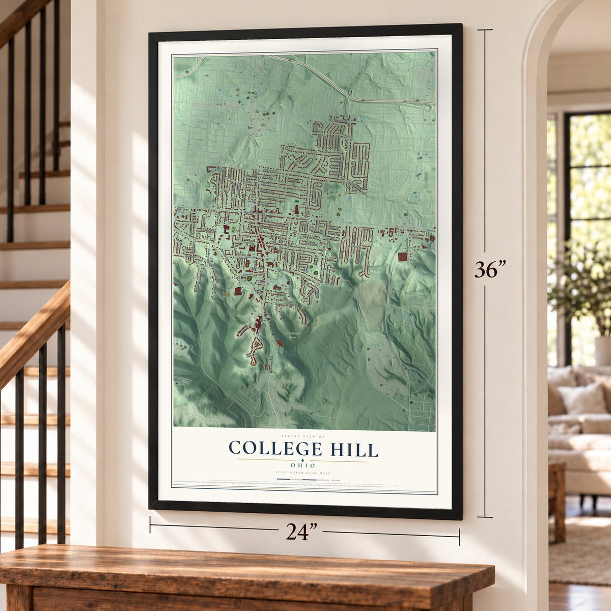 College Hill, Ohio map, 24 x 36 inch print in a black frame by a staircase