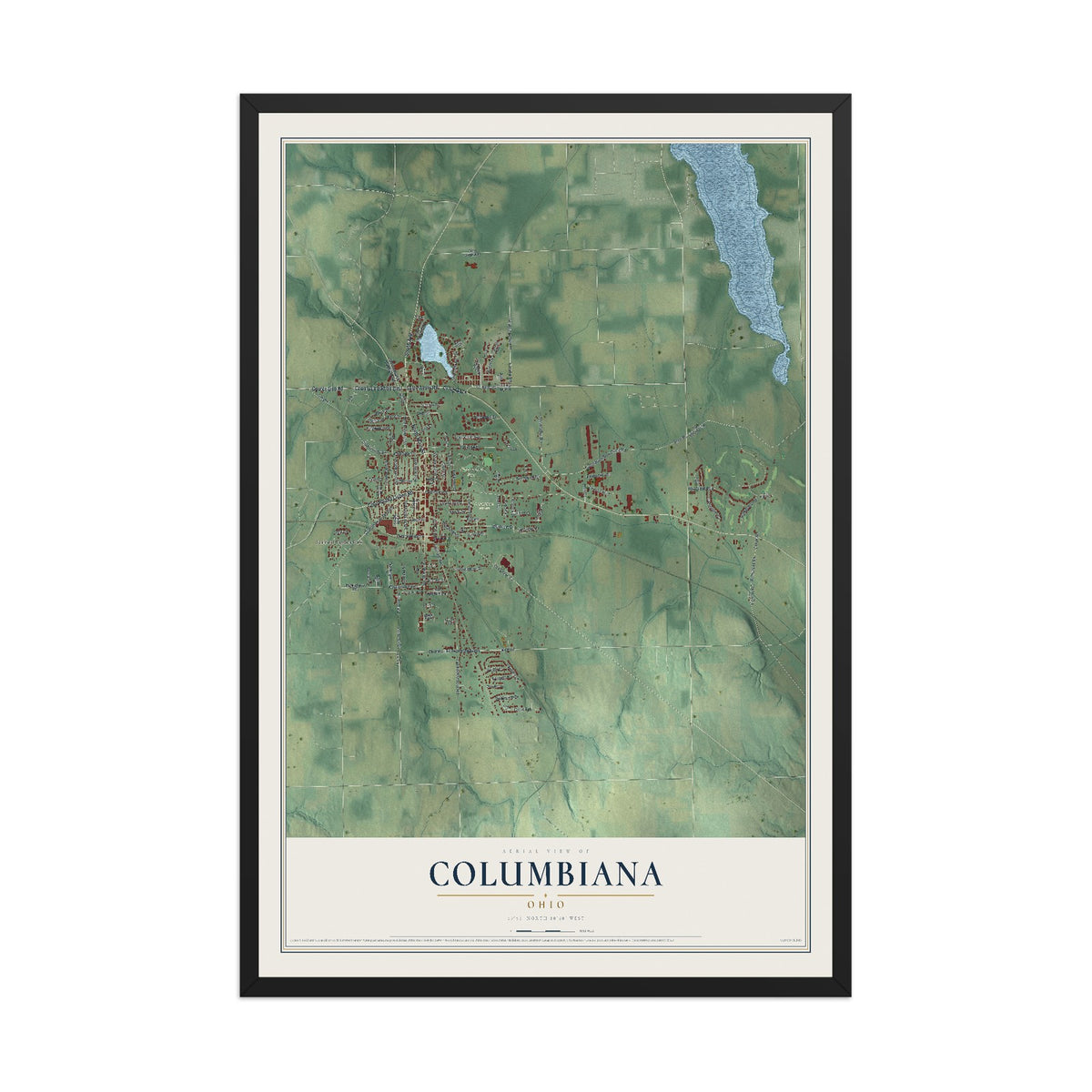 Map of Columbiana, Ohio, 12 x 18 inch print in a black wood frame