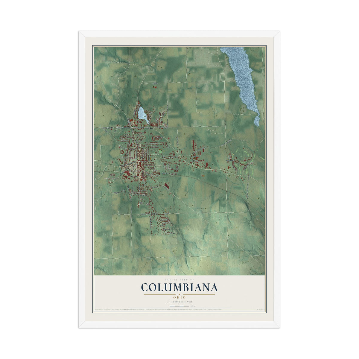 Map of Columbiana, Ohio, 12 x 18 inch print in a white wood frame