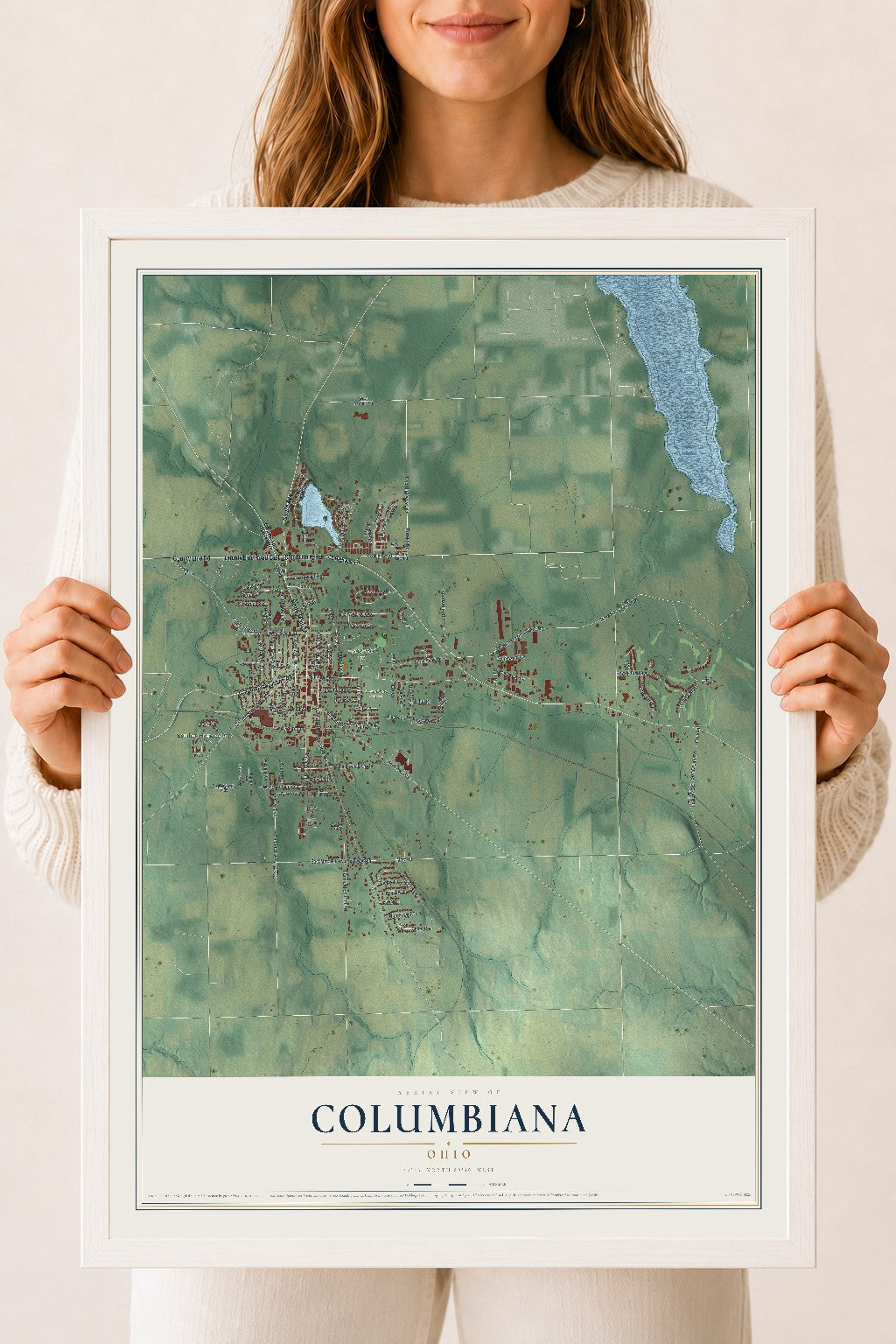 Map of Columbiana, Ohio, 18 x 24 inch print in a white wood frame