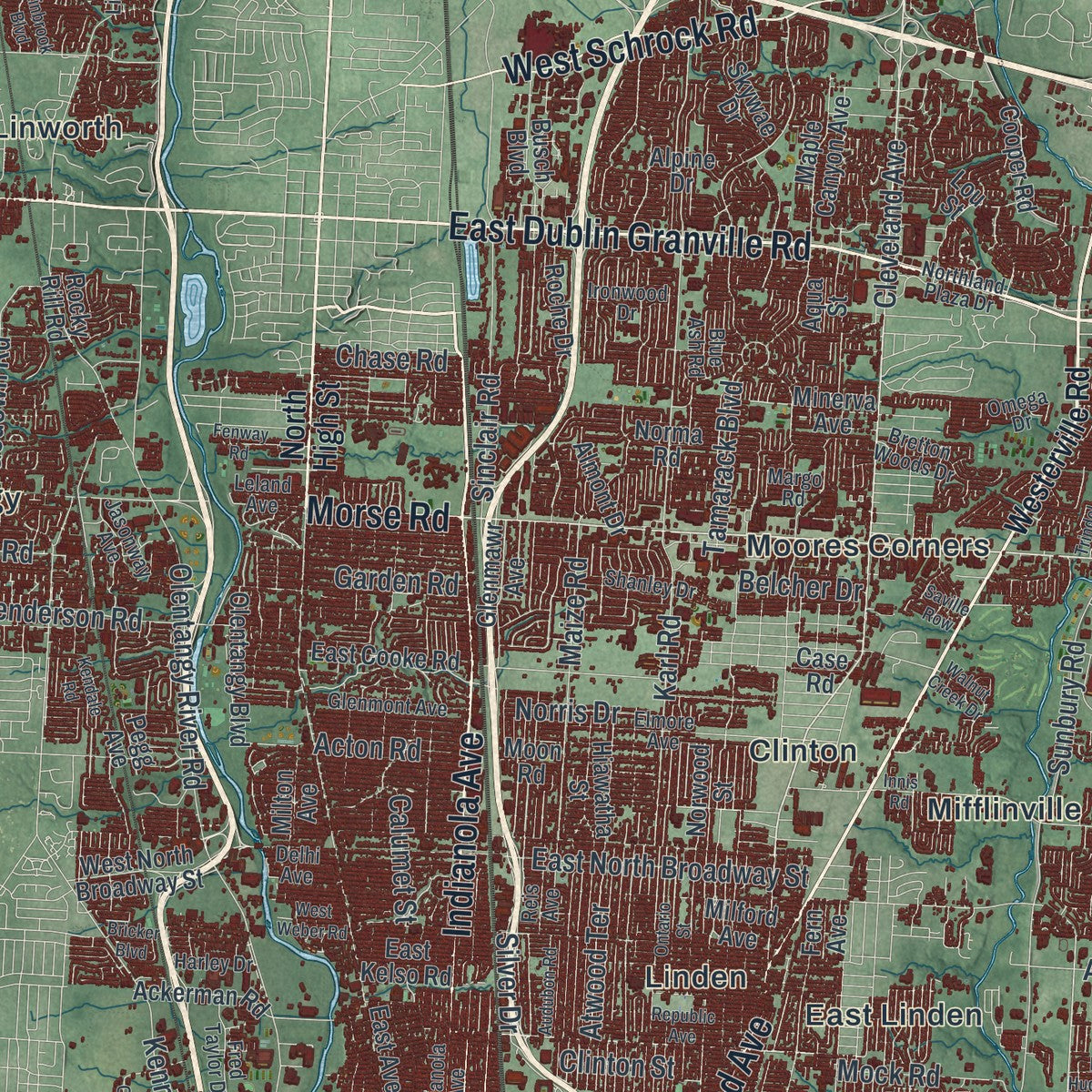 Close-up of the map of Columbus, Ohio print showing street and building detail