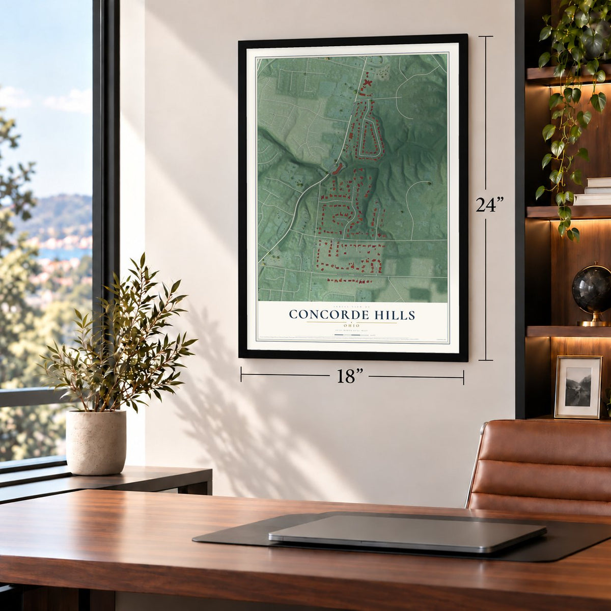 Concorde Hills, Ohio map, 18 x 24 inch print in a black frame in a home office