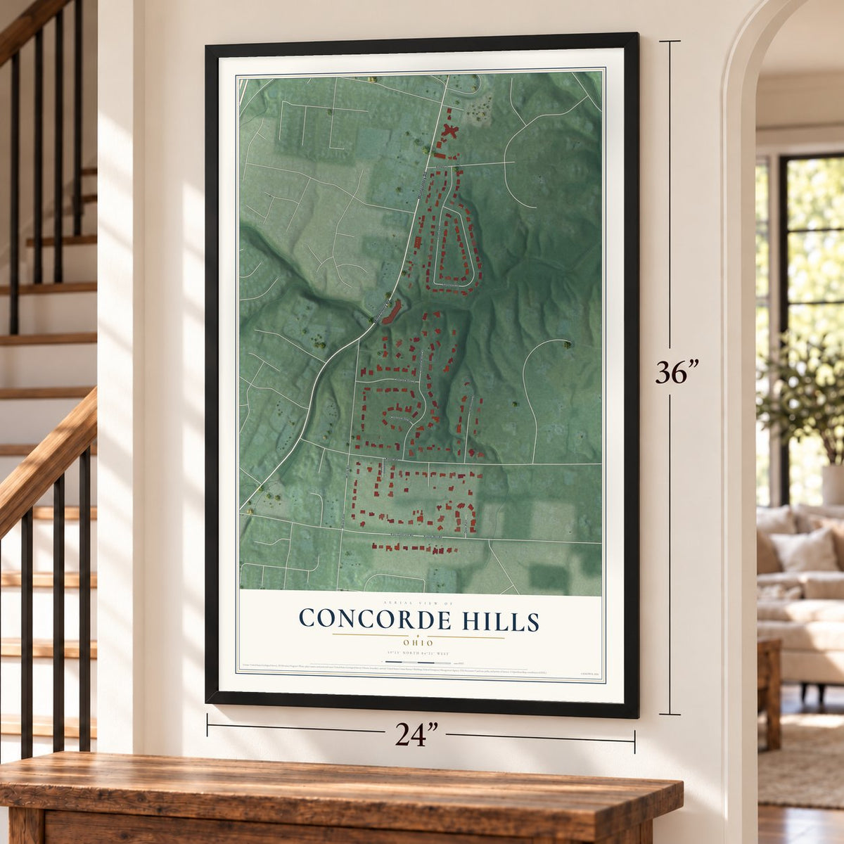 Concorde Hills, Ohio map, 24 x 36 inch print in a black frame by a staircase