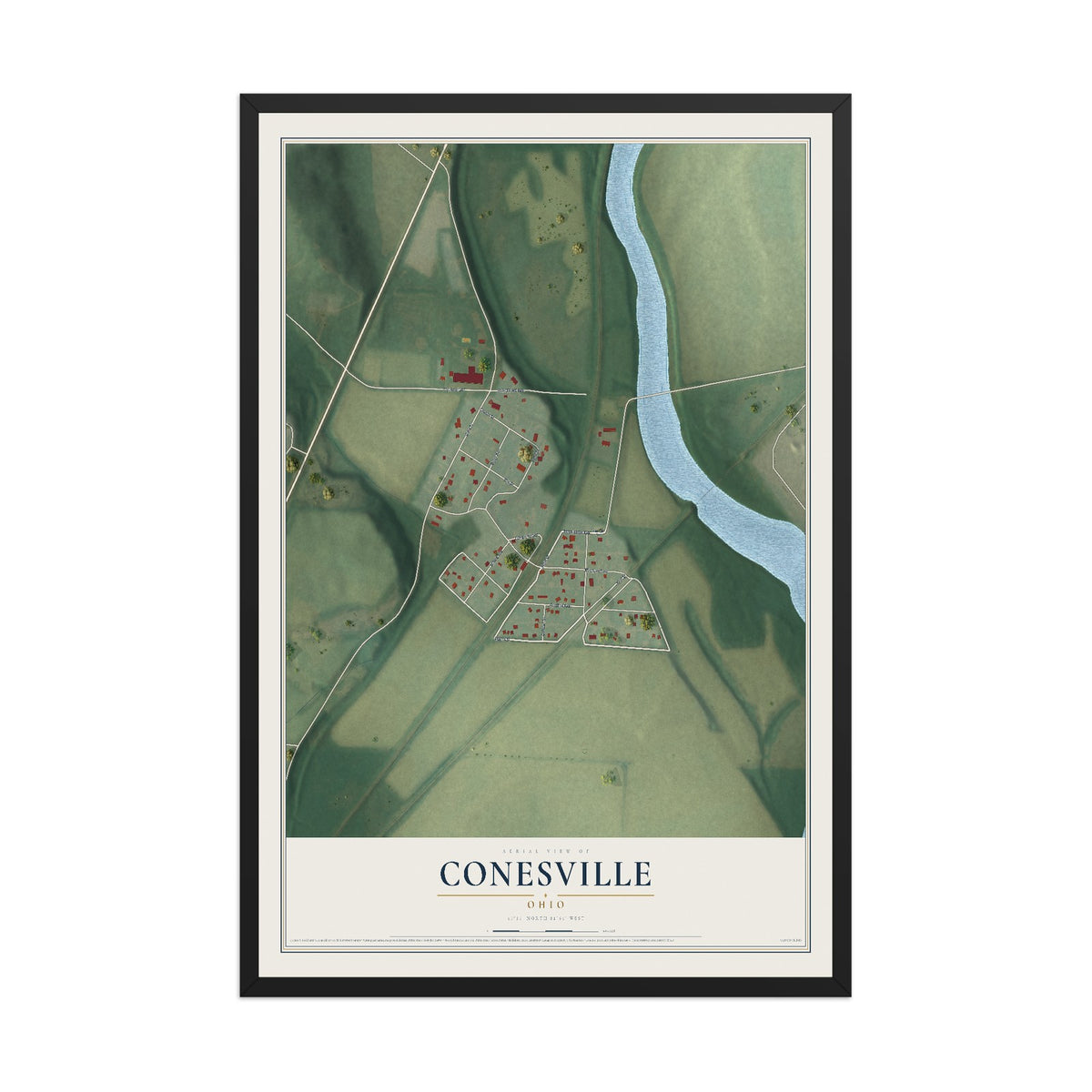 Map of Conesville, Ohio, 12 x 18 inch print in a black wood frame