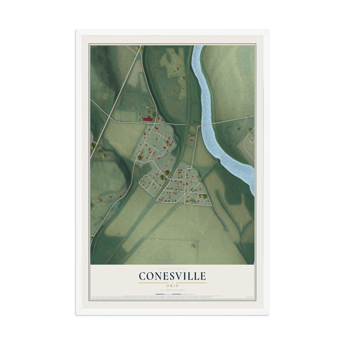 Map of Conesville, Ohio, 12 x 18 inch print in a white wood frame