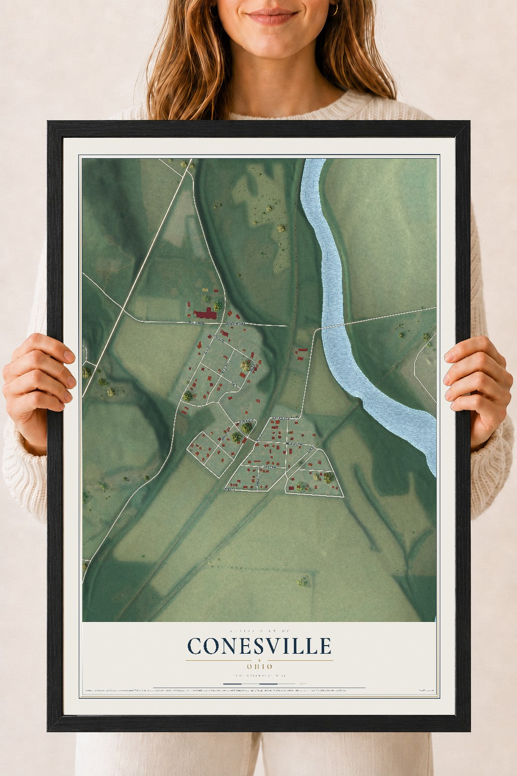 Map of Conesville, Ohio, 18 x 24 inch print in a black wood frame
