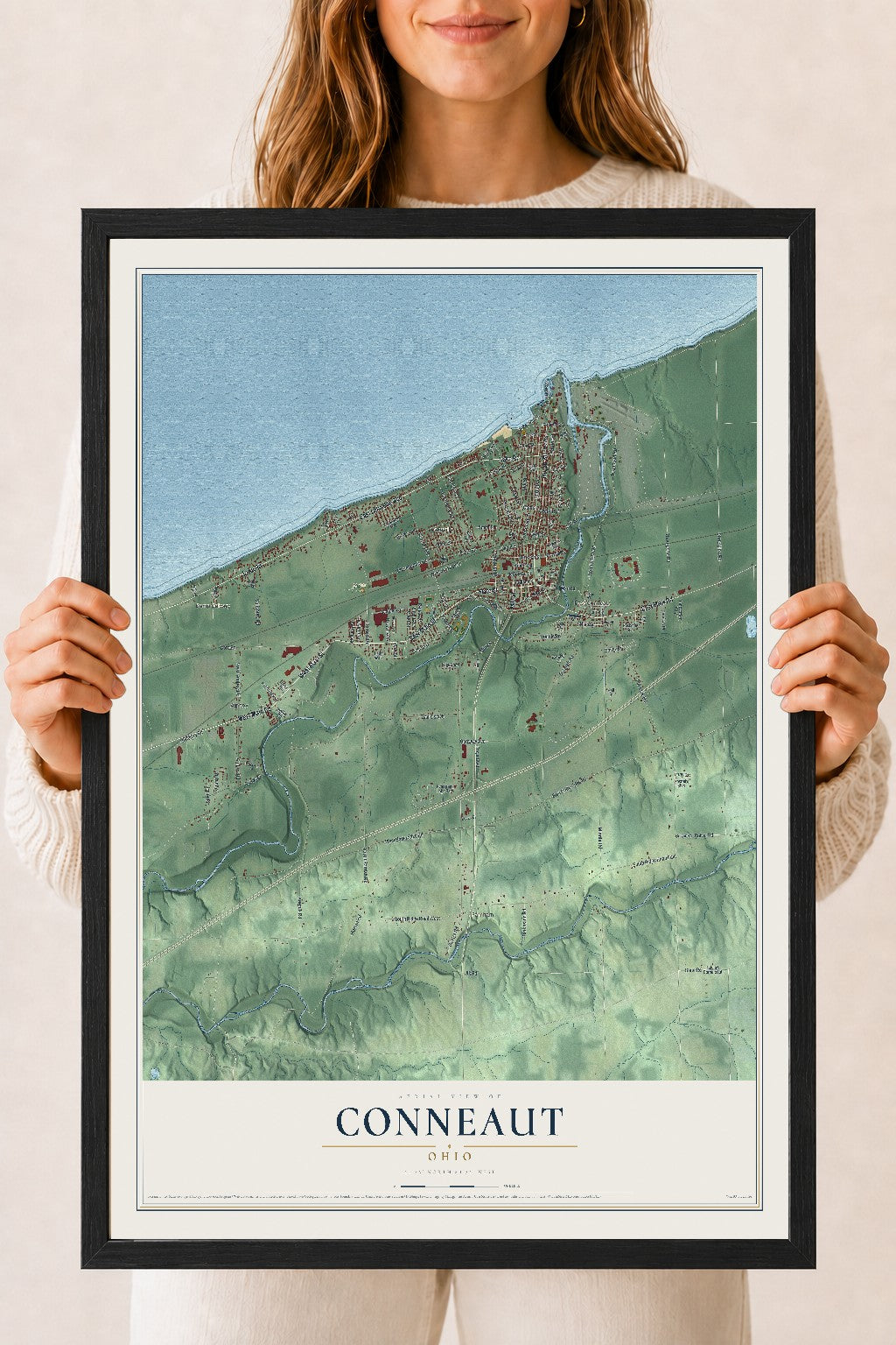 Map of Conneaut, Ohio, 18 x 24 inch print in a black wood frame