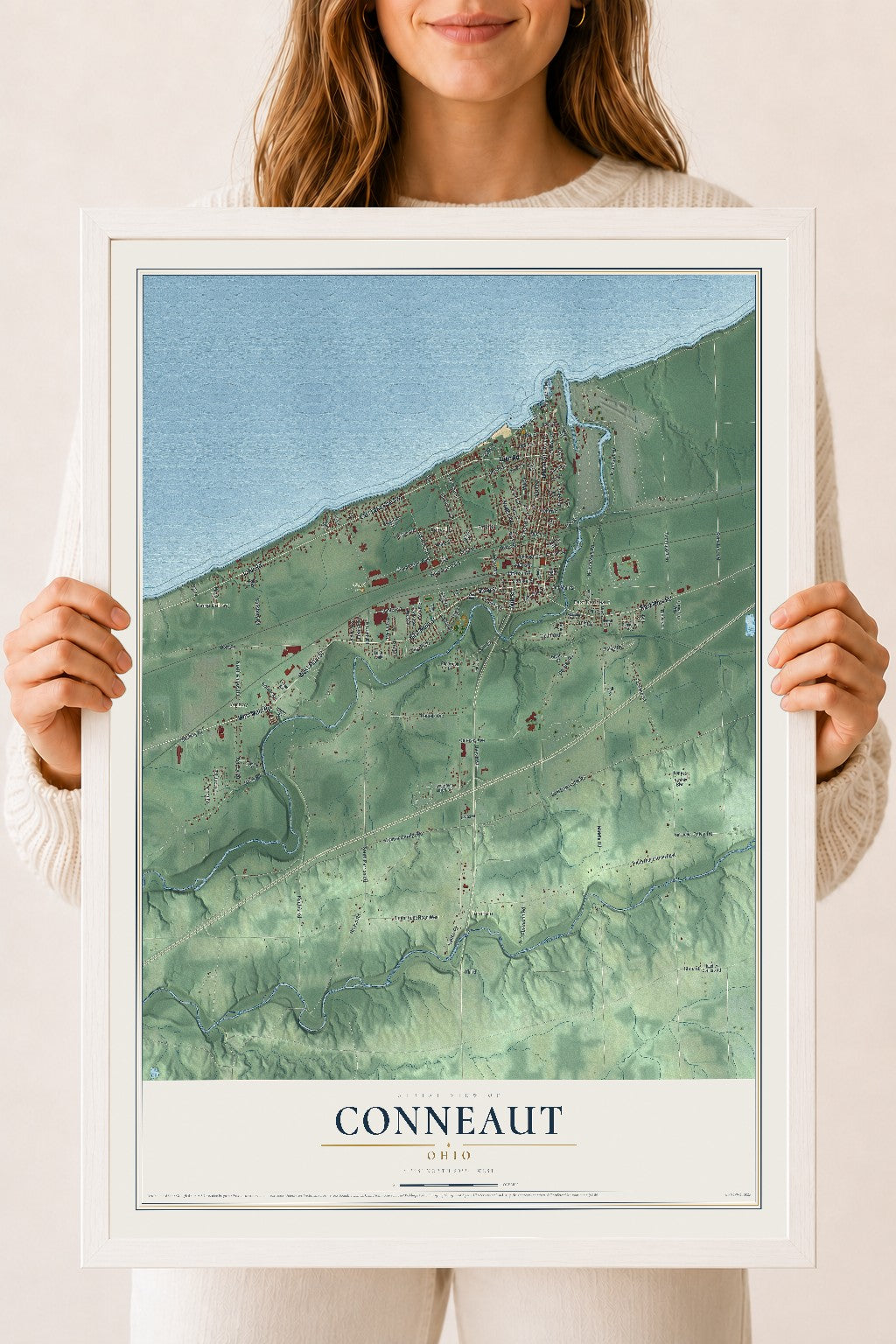 Map of Conneaut, Ohio, 18 x 24 inch print in a white wood frame