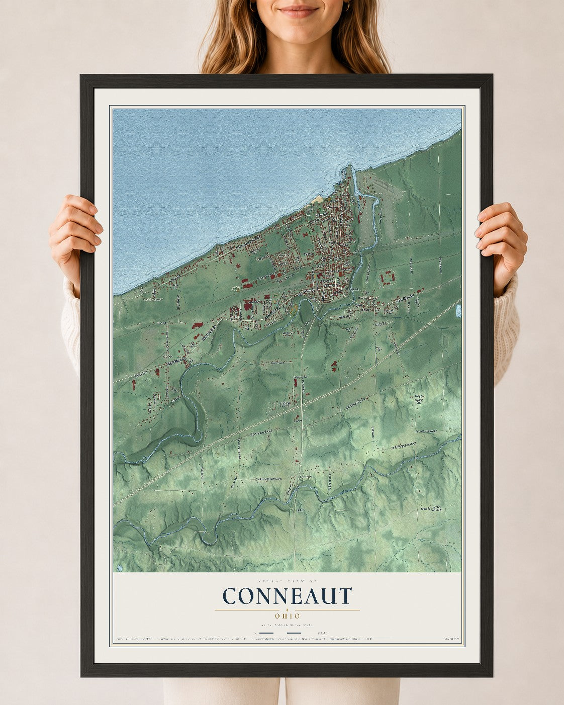 Map of Conneaut, Ohio, 24 x 36 inch print in a black wood frame
