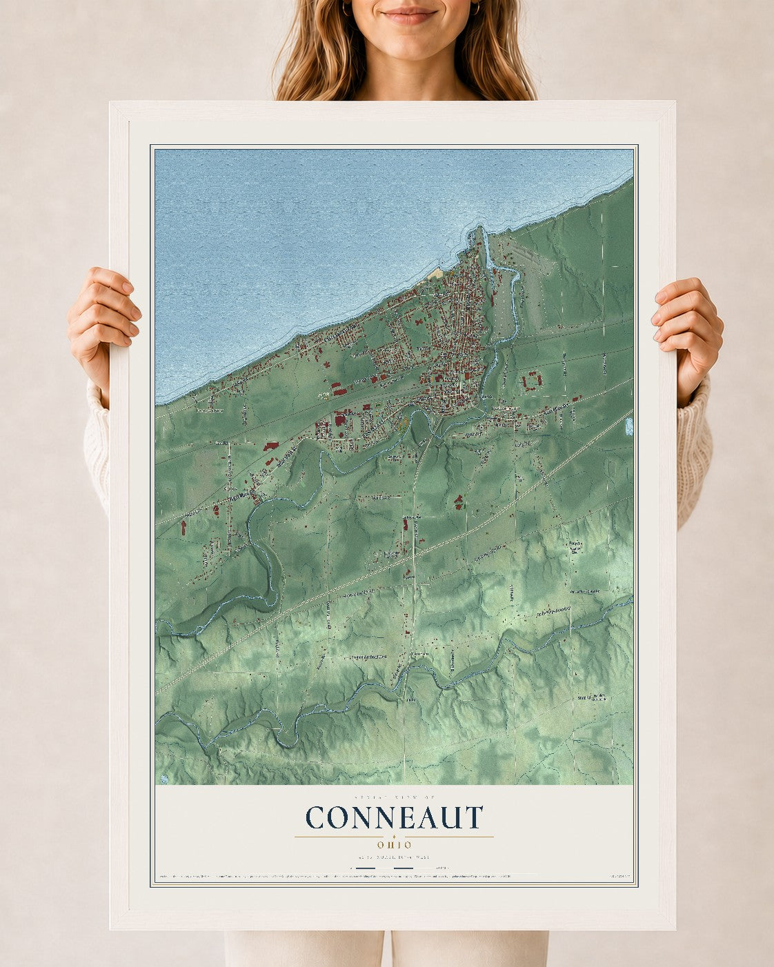 Map of Conneaut, Ohio, 24 x 36 inch print in a white wood frame
