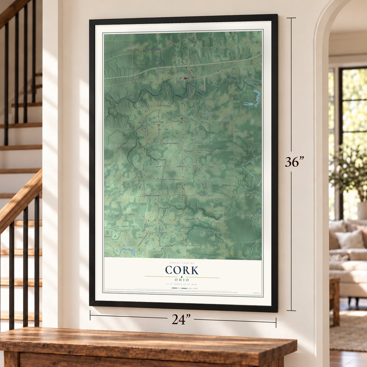 Cork, Ohio map, 24 x 36 inch print in a black frame by a staircase