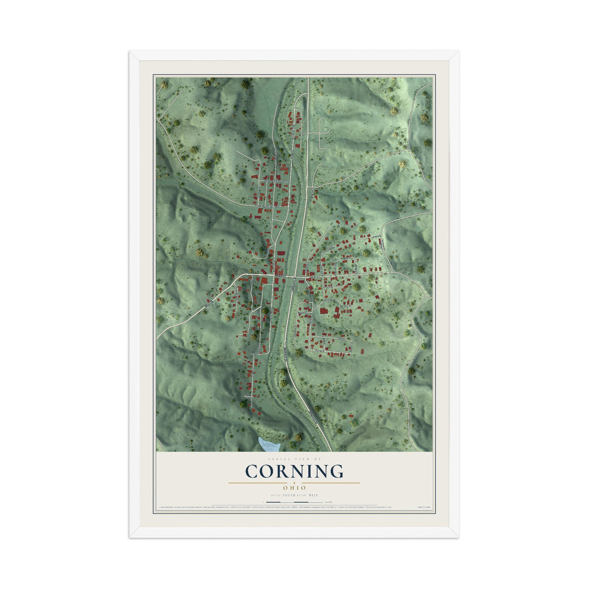 Map of Corning, Ohio, 12 x 18 inch print in a white wood frame
