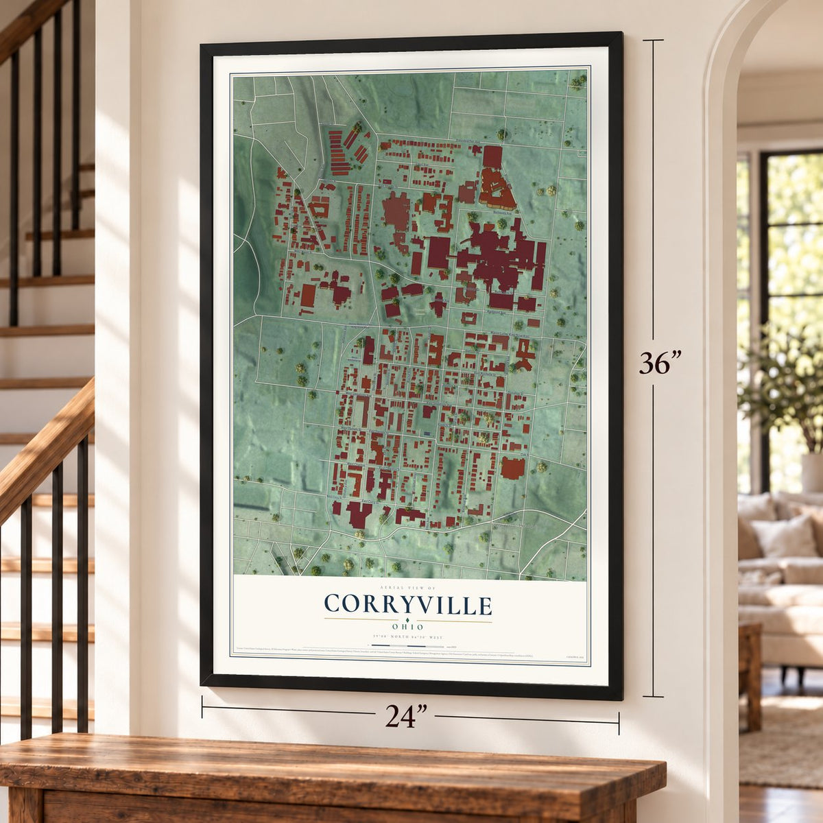 Corryville, Ohio map, 24 x 36 inch print in a black frame by a staircase