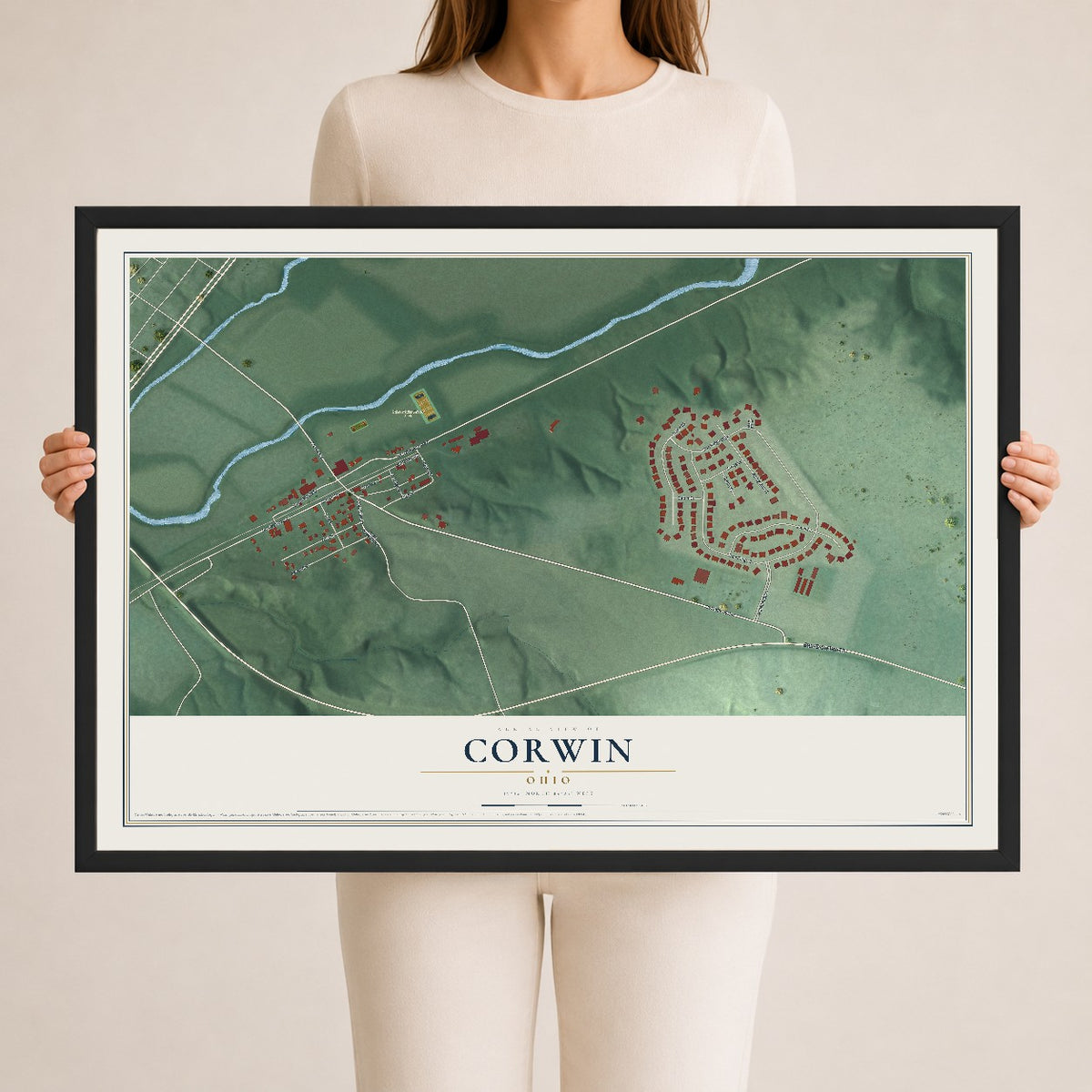Map of Corwin, Ohio, 24 x 36 inch print in a black wood frame
